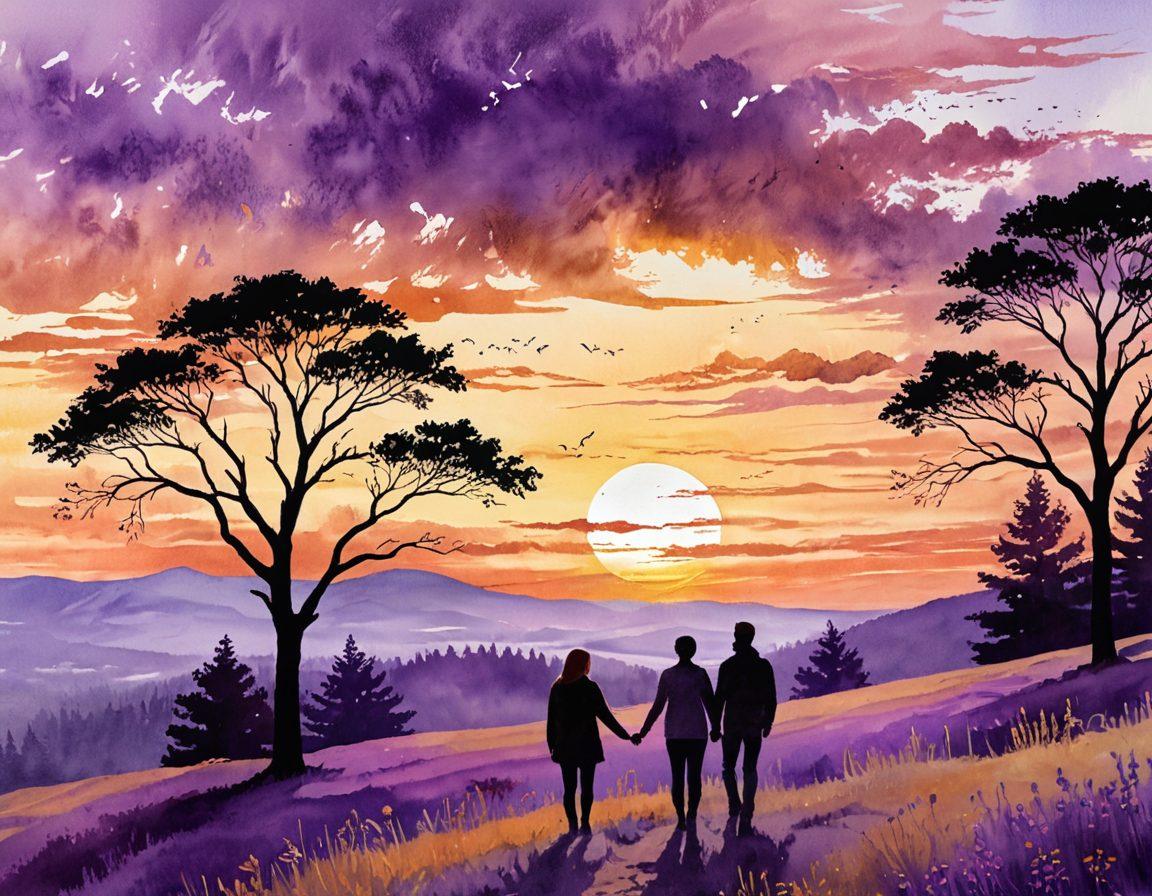 A serene landscape featuring two silhouettes standing hand in hand on a hillside, overlooking a sunset that paints the sky in shades of purple and gold, symbolizing shared sorrow and support. Whispering trees sway gently in the background, creating a peaceful atmosphere. Soft, melancholic clouds drift by, enhancing the emotional depth of the image. The scene is imbued with a sense of warmth and connection, inviting introspection and unity. watercolor painting. soft pastels. tranquil atmosphere.