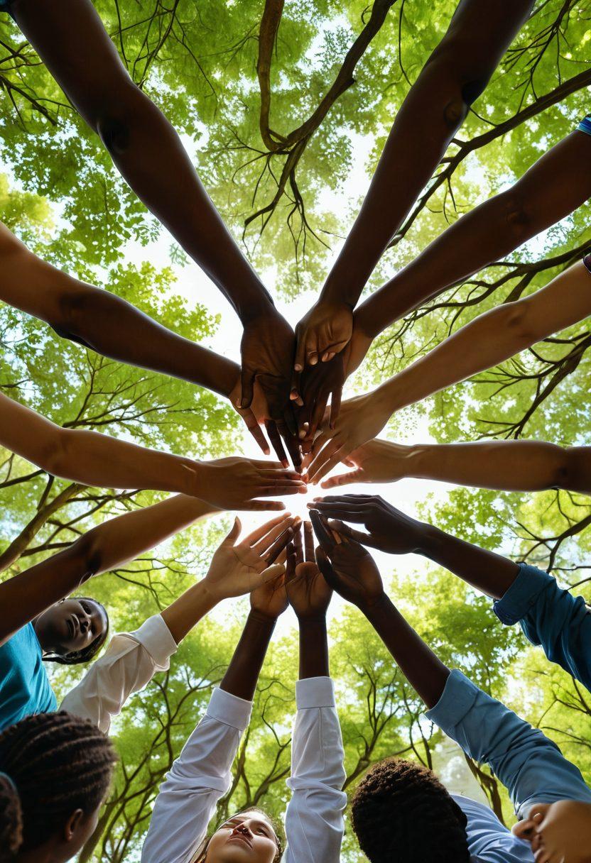A serene landscape depicting a diverse group of people forming a supportive circle in a lush green park, each person sharing their stories of sorrow and healing. Soft rays of sunlight pierce through the trees, illuminating their faces with hope and connection. Include symbolic elements like intertwined hands and blooming flowers to signify growth and resilience. Emotional and uplifting atmosphere. vibrant colors. soft focus.