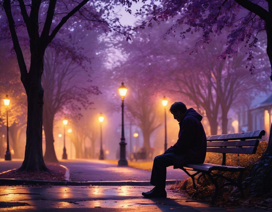 A solitary figure sitting on a park bench under a dimly lit streetlight, with tears reflecting the glow of the light. Around them, faint silhouettes of other people also sitting, subtly showing shared sorrow. The background features leafy trees swaying in the wind, draped in muted blues and purples, symbolizing connection through heartache. The scene should evoke a sense of melancholy yet community. super-realistic. vibrant colors. soft focus.
